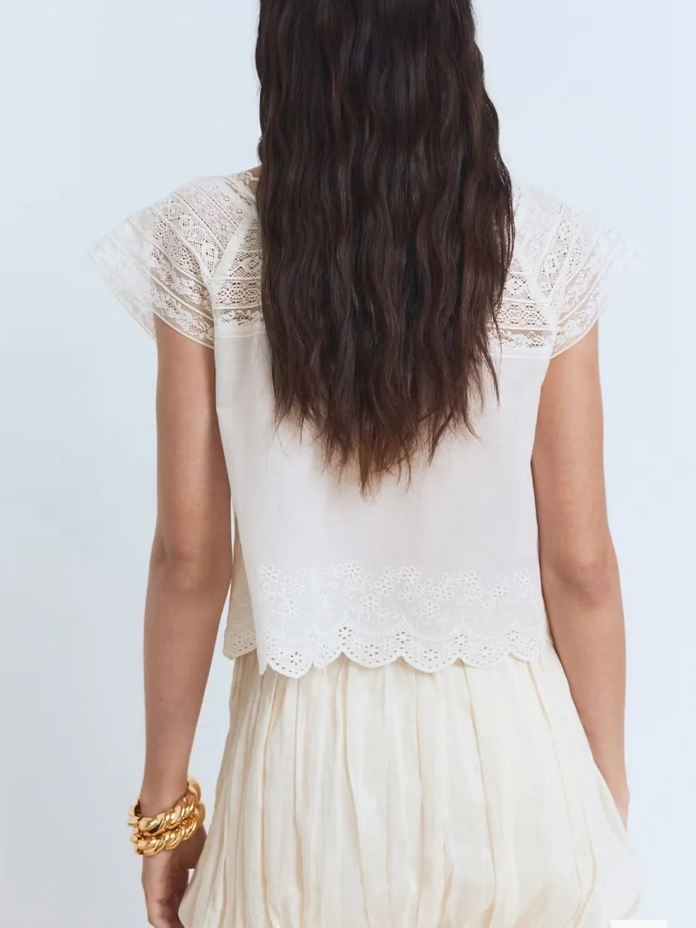 Mango NWT Cotton Lace Eyelet Scallop Delicate Cream Button Front Blouse Doen - Picture 3 of 12